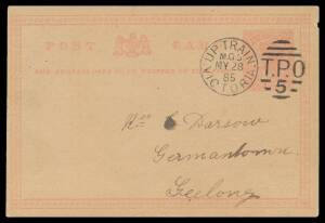 TPOs: MELBOURNE-WODONGA 1873-1932 - UP TRAIN 5: Type 2 (Duplex) superb cancel of MY28/85 on 1d Postal Card, Geelong transit and part 'GERMANTOWN' arrival b/s. Rated RR: the ERD on cover. [The message is headed "Kensington" which is part of North Melbourne
