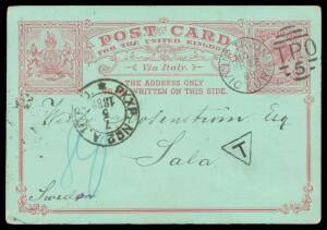 TPOs: MELBOURNE-WODONGA 1873-1932 - UP TRAIN 5: Type 2 (Duplex) very fine cancel of MR27/89 on 3d red/green Postal Card with message in Swedish, to Sweden but not uprated or taxed until arrival with manuscript "80" in blue & superb 'T'-in-inverted-triangl