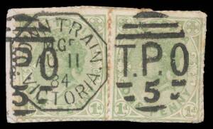 TPOs: MELBOURNE-WODONGA 1873-1932 - DOWN TRAIN 5: Type 2 (Duplex) superb cancellation of AU11/84 on Bell 1d green x2 on small piece. Rated RRRRR, being the earliest - and the only complete example - of only three recorded strikes, all on loose stamps. [Il