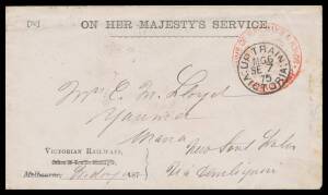 TPOs: MELBOURNE-WODONGA 1873-1932 - UP TRAIN 6: Type 1 (CDS with Colons before & after ':VICTORIA:') superb cancel of SE7/75 - & another exceptional b/s - on 'COMMR OF RAILWAYS & ROADS' Frank h/s in red - LRD in red by 20 months - on OHMS cover with 'VICT