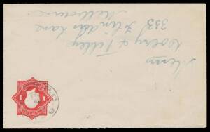 TPOs: MELBOURNE-WODONGA 1873-1932 - UP TRAIN 6: Type 7 ('TPO 6' with Arcs at Sides) light but largely very fine cancel on "Star" Envelope 1d red to Melbourne. Rated RRRRR: the only recorded usage on cover. Illustrated at page 73.