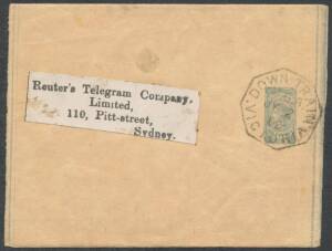 TPOs: MELBOURNE-WODONGA 1873-1932 - DOWN TRAIN 6: Type 2 (27mm Medium Octagon) very fine cancel of JY2/02 on "Bantam" ½d Wrapper from Melbourne to Reuter's Telegram Agency in Sydney. [In 1898, TPO 6 was restricted to the Euroa-Benalla sector &, in 1904, i