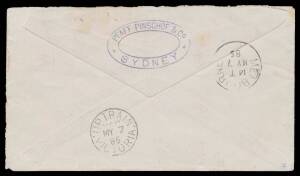 TPOs: MELBOURNE-WODONGA 1873-1932 - UP TRAIN 12: Type 2 (22½mm CDS with Stops at Sides) very fine b/s of MY7/85 on NSW 1d Envelope uprated with 1d & 2d all tied by light strikes of what appears to be a mailbag seal overwritten with manuscript "X" cancels,