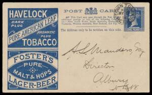 TPOs: MELBOURNE-WODONGA 1873-1932 - DOWN TRAIN 12: Type 2 (Duplex) very fine cancel of MY9/96 on 1d Postal Card with Havelock/Foster's advertising, to Albury (NSW) with message headed "Euroa". Rated RRR: the latest of 11 covers recorded. Another very appe