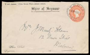TPOs: MELBOURNE-WODONGA 1873-1932 - UP TRAIN 13: Type 3 ('TPO 13/VICTORIA') very fine cancel of 18DE11 on 1d pink Envelope with 'Shire of Seymour' header, to Malvern, minor opening faults. Rated RRRR: only 7 covers recorded.