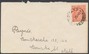 TPOs: MELBOURNE-WODONGA 1873-1932 - UP TRAIN 13: Type 3 ('TPO 13/VICTORIA') largely very fine cancel of 27AP22 tying KGV 2d scarlet to cover to Melbourne. Rated RRRR: the latest of 7 covers recorded. [In his exhibit, Les Molnar states that from 1919 the o