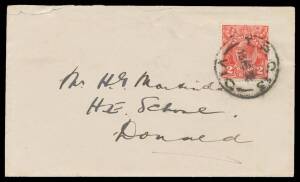 TPOs: MELBOURNE-WODONGA 1873-1932 - UP TRAIN 13: Type 3 ('TPO 13/VIC') bold cancel of 13FE32 tying KGV 2d to cover to "HE [= Higher Education] School/Donald". Rated RRRR. A very significant item, being the latest recorded TPO cover from Victoria. Illustra