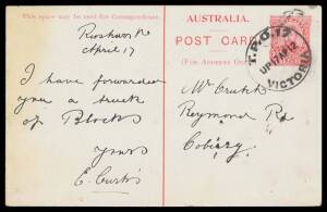 TPOs: SEYMOUR-NUMURKAH - UP TRAIN 17: Type 2 ('TPO 17') superb cancel of 17AP12 on Fullface 1d Postal Card ("PHANTOM FALLS/ VICTORIA") with message headed "Rushworth", to Coburg, minor stain on the address side. Rated RR on cover.