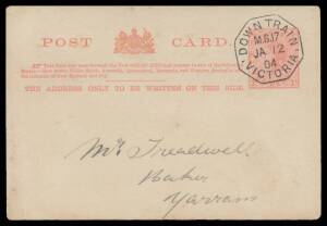 TPOs: SEYMOUR-NUMURKAH - DOWN TRAIN 17: Type 1 (Octagon) superb cancel on 1d Postal Card with printed advice for Roller Flour Mills, to the baker at Yarram with 'YARRAM YARRAM' duplex b/s. Rated RRRR: seven usages on cover recorded. Illustrated at page 84