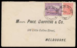 TPOs: MELBOURNE-SALE 1878-1921 - UP TRAIN 8: Type 2 ('TPO 8') two very fine cancels of 27NO12 on Price Griffith & Co cover to Melbourne with scarce combination franking of 1d pink with 'PG/M' commercial perfin & Tasmania 'ONE PENNY' on 2d, minor blemishes