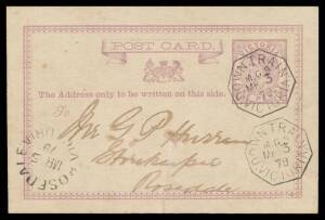TPOs: MELBOURNE-SALE 1878-1921 - DOWN TRAIN 8: Type 1 (23mm Octagon) very fine cancel of MR3/79 & another similar strike below on 1d Postal Card, message headed "Warragul" & 'ROSEDALE' arrival cds on the face, minor blemishes. Rated RRR: the earliest of 1