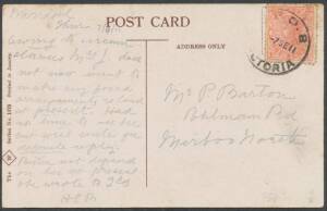 TPOs: MELBOURNE-SALE 1878-1921 - DOWN TRAIN 8: Type 2 ('TPO 8') large-part cancel of 7SE11 on PPC from Warragul to Mirboo North, minor blemishes. Rated RRRRR, being the only recorded usage on cover. [NB: the 'DOWN' indicator is entirely off the card. Howe