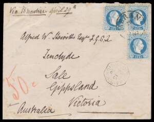 TPOs: MELBOURNE-SALE 1878-1921 - DOWN TRAIN 9: Type 1 (Octagon) light & partly indistinct strike of JE15/80 unusually on the face of cover from Austria "Via Brindisi" with 10kr x3 (one with a corner fault) tied by 'MERAN/29.4/80' cds, Brindisi & Melbourne