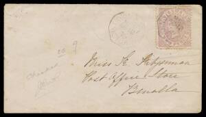 TPOs: MELBOURNE-SALE 1878-1921 - DOWN TRAIN 9: Type 1 (22mm Octagon) light cancel of AU18/79 on Bell 2d on cover to Benalla with Melbourne b/s, pencil note "is 9/checked/JRWP" (Bill Purves), minor blemishes. Rated RRR: the earliest of 12 usages on cover r