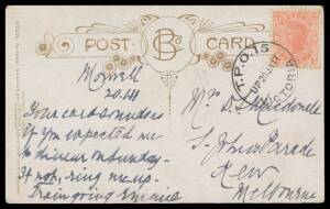 TPOs: MELBOURNE-SALE 1878-1921 - UP TRAIN 15: Type 2 ('TPO 15') largely superb cancel of 20JA11 on 1d pink on PPC with message headed "Morwell", to Kew. Rated RRR: 12 usages on cover recorded.