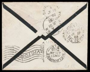 TPOs: MELBOURNE-SALE 1878-1921 - DOWN TRAIN 15: Type 1 (Octagon) largely very fine b/s of JE17/02 on mourning cover from Scotland with superb 'BARRHILL/AYRSHIRE' cds, to "Metung/Gippsland Lakes" with Bairnsdale transit & 'METUNG' arrival b/s, redirected t