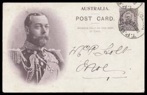 TPOs: MELBOURNE-SALE 1878-1921 - DOWN TRAIN 15: Type 2 ('TPO 15') largely superb large-part cancel of 15JE11 on 1d Coronation Postal Card with message headed "Warragul", to Moe. Rated RRRRR: the earlier of only 2 usages on cover recorded. Illustrated at p