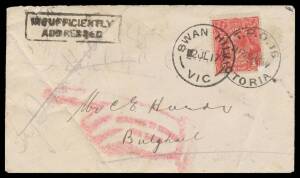 TPOs: MELBOURNE-SALE 1878-1921 - UP TRAIN 16: Type 2 ('TPO 16') very fine cancel of 23JE17 on KGV 1d red on cover to "Bulghail", endorsed "Try Swan Hill" with superb 'SWAN HILL' cds also tying the stamp, boxed 'INSUFFICIENTLY/ADDRESSED' handstamp, DLO b/s