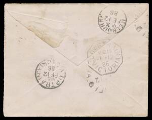 TPOs: MELBOURNE-SALE 1878-1921 - DOWN TRAIN 16: Type 1 (Octagon) largely very fine b/s of FE12/86 on cover from the Ballarat-Geelong-Melbourne Line with 'UP TRAIN/MG 1' b/s & superb 'TPO/ 1 ' obliterator, to "Inspector/Railway Station/Heyfield/Gippsland",