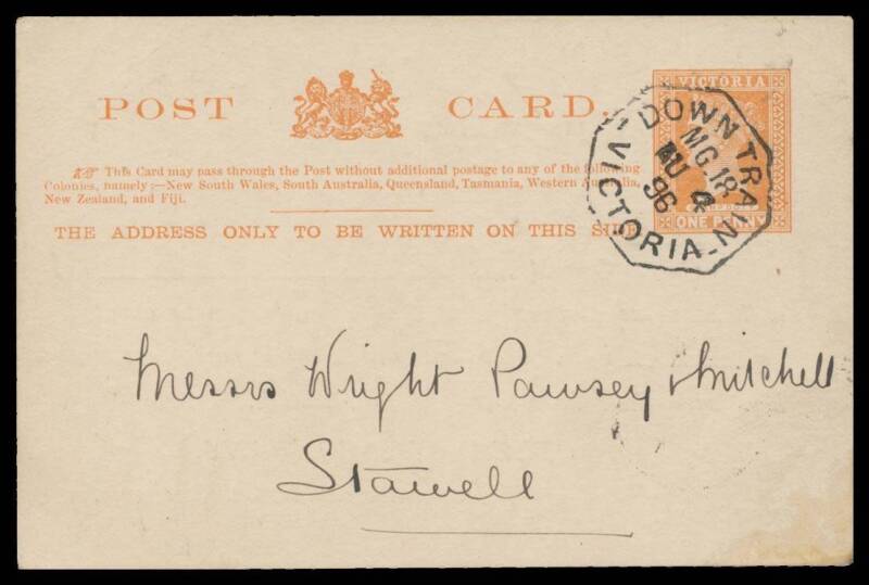 TPOs: MELBOURNE-PORT FAIRY - DOWN TRAIN 18: Octagon very fine cancel of AU4/96 on 1d Postal Card with illustrated advice for Bleasby & Co Ironmongers (Melbourne), to Stawell with Ballarat transit & Stawell arrival b/s. Rated RRR on cover. [It appears this