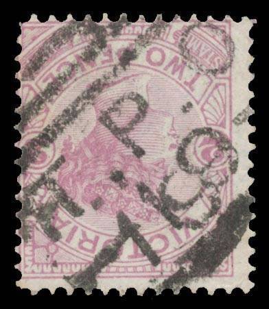 TPOs: MELBOURNE-PORT FAIRY - UP TRAIN 19: 'TPO/ 19 ' obliterator two very fine but overlapping strikes on Naish Redrawn 2d violet, creased. Rated RRRR: only 4 examples on stamps - and no covers - have been recorded. [David Wood's very fine example sold fo