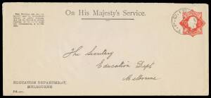 TPOs: MELBOURNE-PORT FAIRY - UP TRAIN 19: Type 3 ('TPO 19/VIC) largely very fine cancel of 11SE24 on "Star" 1&frac12;d scarlet with 'OS'-in-the-Die Stamped to Order Envelope with Education Department imprint at lower-left. Rated RRRRR, being the earlier of only 