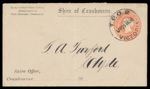 TPOs: MELBOURNE-PORT ALBERT - UP TRAIN 2: Type 2 ('TPO 2') largely superb cancel of 25OC10 on 1d Envelope with 'Shire of Cranbourne' header, to Clyde. Rated RRRR: eight examples on cover recorded. Clyde is only 6km SE of Cranbourne. The cover was apparent