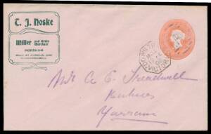 TPOs: MELBOURNE-PORT ALBERT - DOWN TRAIN 2: Type 1 (Duplex) largely very fine strike of 12FE06 on 1d pink Stamped-To-Order Envelope on pink stock for TJ Noske Grain Merchant (Horsham), to the baker at Yarram with arrival duplex b/s. Pretty. Illustrated at