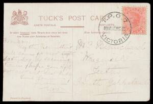 TPOs: MELBOURNE-PORT ALBERT - DOWN TRAIN 7: Type 2 ('TPO 7') very fine cancel of 10NO10 on 1d pink on PPC (slightly trimmed at left & minor bends), to Jeetho. Rated RRRRR: only two examples recorded on cover. [Jeetho is 9km WNW of Korumburra]