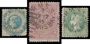 TPOs: ROYAL MAIL STEAM SHIPS, HOBSONS BAY - TYPE 1 DUPLEX: Largely very fine strike of the datehead portion 'RMSS/ V /MY26/64/HOBSONS BAY' on Perf 12 1/- Octagonal, and a more complete strike of JA26/64 on Perf 12 2/- Woodblock; also a similar strike of t