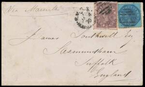 TPOs: ROYAL MAIL STEAM SHIPS, HOBSONS BAY - TYPE 1 DUPLEX: Two largely very fine but overlapping cancels of JA4/70 on Laureates 10d brown/pink - rounded corner - & 1/- on cover with 'SCOTTS HOTEL/.../COLLINS STREET' imprint in red on the flap, to Suffolk 