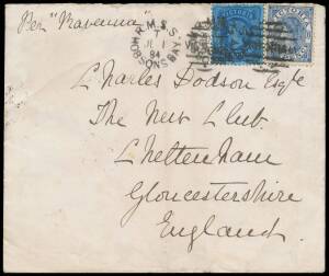 TPOs: ROYAL MAIL STEAM SHIPS, HOBSONS BAY - TYPE 2 DUPLEX: Two largely very fine to superb but overlapping cancels of JL1/84 on Laureates 6d & Bell 1/- on cover to Gloucestershire "Per Ravenna", 'CHELTENHAM/AU11/84' arrival b/s, some very minor soiling. C