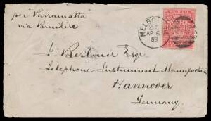 TPOs: ENGLISH MAIL TRAVELLING POST OFFICE - TYPE 1 (SINGLE-RING CDS): Fine b/s of AP6/88 on cover to a telephone manufacturer in Germany "per Parramatta/via Brindisi" with very scarce franking of Large Stamp Duty 1/6d rosine tied by Melbourne duplex of th