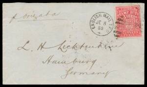 TPOs: ENGLISH MAIL TRAVELLING POST OFFICE - TYPE 2 (DUPLEX): Largely very fine cancel of JE8/88 on Large Stamp Duty 1/6d rosine on cover to Germany "p Orizaba", German 'KB BAHNPOST/11/JUL/88' TPO transit & 'HAMBURG' arrival b/s. Superb! Carried per Orient