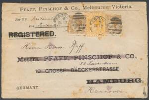 TPOs: ENGLISH MAIL TRAVELLING POST OFFICE - TYPE 2 (DUPLEX): Largely fine b/s of DE13/89 on Pfaff Pinschof & Co cover to Germany "Per SS Britannia/Via Brindisi" with rare franking of Large Stamp Duty 2/6d yellow-orange + Naish 3d x2, 'HANNOVER' arrival b/