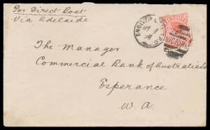 TPOs: ENGLISH MAIL TRAVELLING POST OFFICE - TYPE 2 (DUPLEX): Largely fine cancel of MY9/98 tying Naish 4d to double-rate cover with Bank of New Zealand (Melbourne) imprint on the flap, to a bank at Esperance WA & endorsed "Per Direct Boat/Via Adelaide", v