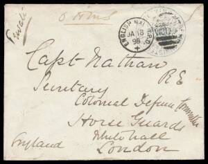 TPOs: ENGLISH MAIL TRAVELLING POST OFFICE - TYPE 2 (DUPLEX): Largely very fine cancel of JA18/98 over 'MINISTER OF DEFENCE' Frank h/s in blue on plain envelope with elaborate 'VICTORIA/[Flags & Arms]' embossed in black on the flap (not recorded by Carl St