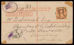 TPOs: ENGLISH MAIL TRAVELLING POST OFFICE - TYPE 2 (DUPLEX): Part b/s of AU18/94 unusually on 3d Registration Envelope to a member of the Bombay Philatelic Society, uprated with 2½d red/yellow tied by 'R'-in-circle h/s apparently used aboard the TPO endor