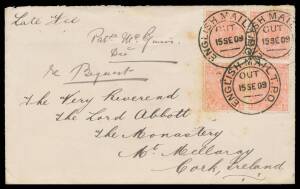 TPOs: ENGLISH MAIL TRAVELLING POST OFFICE - TYPE 4 (DOUBLE-RING CDS BLANK AT BASE): Generally very fine to superb cancels on 1909-11 covers 1) to Ireland with very scarce franking of 1d pink block of 4 paying 2d Empire rate + 2d late fee; 2) to Saxony wit