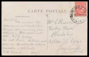 TPOs: ENGLISH MAIL TRAVELLING POST OFFICE - TYPE 5 (CDS WITH 'VIC' AT BASE): Largely very fine cancel of 9JL12 tying GB Downey Head 1d red to PPC ("Keepsake of Voyage - RMS Osterley, Orient Line") to England posted aboard ship & placed into the mails on a