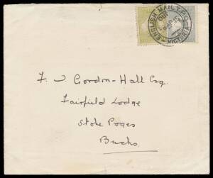 TPOs: ENGLISH MAIL TRAVELLING POST OFFICE - TYPE 6 (DOUBLE-RING CDS WITH 'VICTORIA' AT BASE: Largely superb strike of 8AP15 tying Kangaroos 2d grey (probably Second Wmk) & First Wmk 3d olive (Cat $600 on cover) to cover to Buckinghamshire, flap removed. F