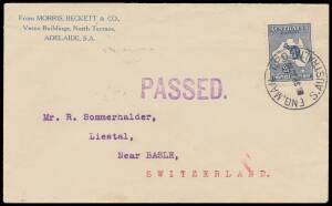 TPOs: ENGLISH MAIL TRAVELLING POST OFFICE - ASSOCIATED INTERSTATE MARKINGS: 'ENG MAIL TPO/19SE1915/S AUSTRALIA' (LRD) superb cancel on Kangaroo 2½d on Morris Beckett & Co cover to Switzerland with superb 'PASSED.' h/s of Adelaide in violet. Superb! Rated 