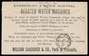 TPOs: ENGLISH MAIL TRAVELLING POST OFFICE - ASSOCIATED INTERSTATE MARKINGS: 'ENGLISH MAIL/3MR09/NSW' largely very fine b/s on William Sandover & Co cover with all-over advertising on the reverse & WA 1d pair with 'WS/&Co' perfins (one unit torn before bei