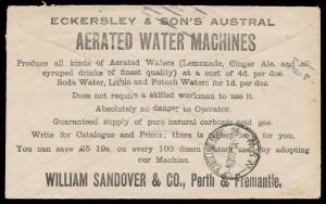 TPOs: ENGLISH MAIL TRAVELLING POST OFFICE - ASSOCIATED INTERSTATE MARKINGS: 'ENGLISH MAIL/3MR09/NSW' largely very fine b/s on William Sandover & Co cover with all-over advertising on the reverse & WA 1d pair with 'WS/&Co' perfins (one unit torn before bei