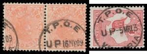 TPOs: MISCELLANEOUS SERVICES - T.P.O. E: Very fine cancel of 16MY09 - ERD - on 1d pink pair & superb almost complete cancel of 5MR13 on 1d Roo. Nothing is known about the circumstances of this datestamp. Watson Webster & Wood believed it was associated wi