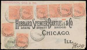 TPOs: MISCELLANEOUS SERVICES - DOWN EXPRESS: 'POSTED MELBOURNE/13AP08/DOWN EXPRESS' - the ERD - ten (!) largely fine strikes tying "Bantam &frac12;d & 1d pink x8 to American firm's mail order envelope-front, to Chicago, minor defects. Rated RRR but this is the o
