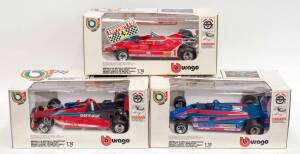 BURAGO: 1:14 Group of Formula 1 Model Cars Including Brabham Alfa Paramount (2103); And, Lotus MX 81/3 ESSEX Tissot (2106); And, Ferrari T5 (2108). All mint in original cardboard packaging (3 items)