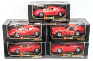 BURAGO: 1:18 Group of Ferrari Model Cars Including 1984 Ferrari Testarossa (3019); And, 1962 Ferrari 250 GTO (3011); And, 1987 Ferrari F40 (3032). All Mint in original cardboard packaging. (5 items)