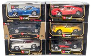 BURAGO: 1:18 Group of Model Cars Including 1989 Ferrari 348tb (3039); And, 1998 Maserati 3200 GT (3371); And, 1961 Porsche 356B Cabriolet (3031). All cars mint in original cardboard packaging with slight damage to some of the boxes. (6 items)