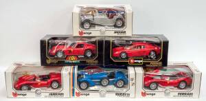 BURAGO: 1:18 Group of Model Cars Including 1957 Ferrari 250 Testa Rossa (3007); And, 1934 Bugatti Type 59 (3005); And, 1937 Jaguar SS 100 (3006); And, 1962 Ferrari 250 GTO. All cars mint with some slight damage to some of the boxes. (6 items) 